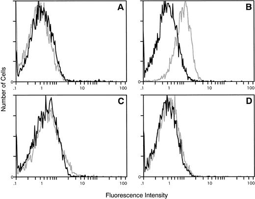 Fig. 7. Cytofluorimetric detection of α2 integrin in parental and BCR/ABL-transfected 32Dcl3 cells. (A) Parental 32Dcl3 cells; (B) BCR/ABL-transfected 32Dcl3 cells; (C) ▵SH3 BCR/ABL-transfected 32Dcl3 cells; (D) P1013L BCR/ABL-transfected 32D cells. Representative of three separate experiments with similar results. Solid line, negative control; stippled line, α2 integrin.