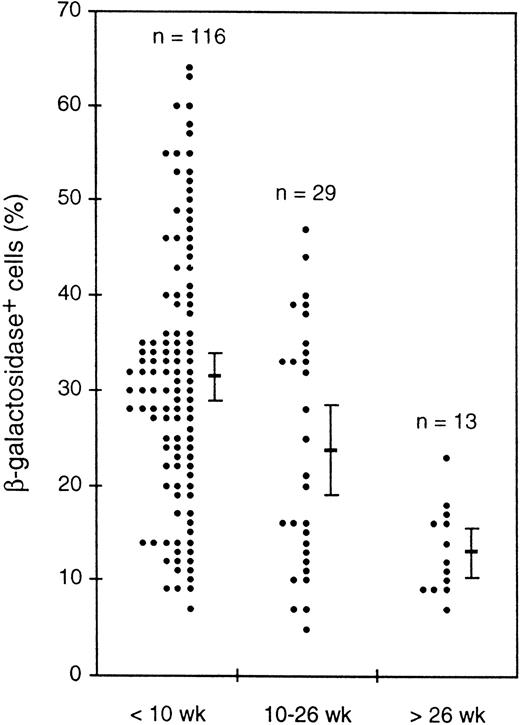 Fig. 9. Decline with mouse age in the average percentage of β-gal+ cells in peripheral blood leukocytes. Values for individual mice of a single HS21/5 transgenic line in three age groups are shown, as well as the mean and 2 SEM above and below the mean.