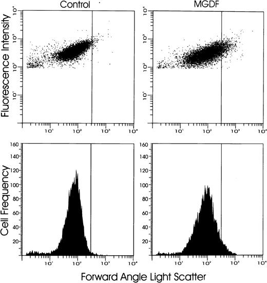Fig. 3. Shown are representative flow cytometric profiles of platelet size on day 4 after carrier or 250 μg/kg of PEG-rmMGDF. Platelets were labelled with FITC-4A5 monoclonal antibody and analyzed by flow cytometry. A vertical gate was set to detect the percentage of large platelets, defined to be larger than 99% of platelets of control mice. Note the higher percentage of large platelets in the MGDF-treated mice compared with control mice.