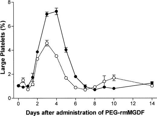 Fig. 4. Serial effects of a single intravenous dose, 25 μg/kg (○) or 250 μg/kg (•) of PEG-rmMGDF administered on day 0 on the percentage of large platelets defined by flow cytometry to be larger than 99% of platelets of control mice. A major increase in the percentage of large platelets was noted on day 2 after PEG-rmMGDF, with peaks occurring on day 3 and days 3 to 4 after the 25 and 250 μg/kg doses, respectively. Each data point represents the mean ± SEM of the percentage of large platelets, for the 25 μg/kg dose, n = 4 to 7 mice per time point for the MGDF group and n = 12 for controls, and for the 250 μg/kg dose, n = 5 to 6 mice per time point for the MGDF group and n = 15 for controls. Data from control mice were pooled to represent the day 0 data point.