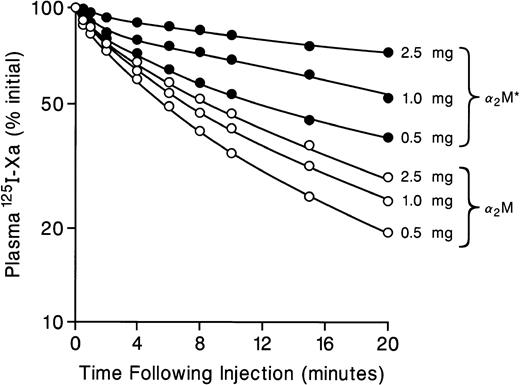 Fig. 4. Effect of preadministration of α2M* and α2M on the plasma clearance of 125I-Xa. Various doses (0.5, 1.0, and 2.5 mg) of α2M*(•) or α2M (○) were preadministered 1 minute before injection of 125I-Xa. Plasma 125I-Xa radioactivities were determined at the indicated times, as described in Fig 2.