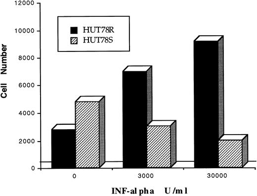 Fig. 1. Antiproliferative effect of IFNα on HUT78 variants. The anti-proliferative effect of IFNα on HUT78 cells was determined by colorimetric cell proliferation assay. Cells were serum-starved overnight (in 1% BSA with RPMI) and seeded in a 96-well plate (3000 cell/well). Cells were treated with three different concentrations of IFNα (0, 3,000, and 30,000 U/mL) for 4 days and cell proliferation was determined. Numbers of HUT78S and HUT78R cells are represented by –– and —, respectively. Results in figure 1 represent one of three independent experiments.