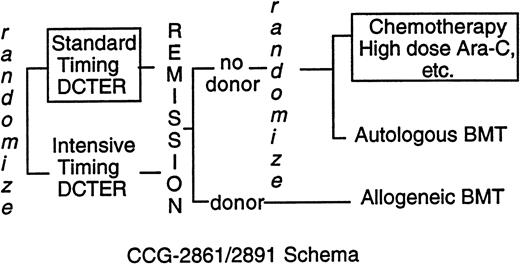 Fig. 1. The five-drug DCTER regimen consists of dexamethasone, 6 mg/m2/d by mouth (PO); ara-C, 200 mg/m2/d continuous infusion (CI); 6-TG, 50 mg/m2 PO twice daily; etoposide, 100 mg/m2/d CI; and rubidomycin, 20 mg/m2/d CI.20 Ara-C, etoposide, and rubidomycin are mixed in a single bag. Children under 3 years receive per kilogram dosing. One course of intensively-timed DCTER is given on days 0 to 3 and 10 to 13; standard-timing DCTER is given on days 0 to 3 and after marrow recovery if the day-14 marrow has <5% blasts or on days 14 to 17 if there are 5% blasts. Patients receive two courses of induction therapy. Transplant cytoreduction consists of busulfan 1 mg/kg every 6 hours for 16 doses. Graft-versus-host prophylaxis is with methotrexate. Chemotherapy consists of Capizzi II high-dose ara-C, 3 g/m2or 100 mg/kg 3-hour intravenous infusion every 12 hours four times on days 0 and 1 and days 7 and 8; and L-asparaginase, 6,000 U/m2 or 200 U/kg intramuscular at 42 hours. After marrow recovery patients receive daily 6-TG with ara-C, 75 mg/m2and 5-azacytidine at 100 mg/m2 four times, and cyclophosphamide, 75 mg/m2 four times for 2 months. Treatment ends with a modified DCTER regimen. Central nervous system prophylaxis is with 7 doses of intrathecal ara-C. Boxed in regimens are those used for DS patients after July 18, 1996.
