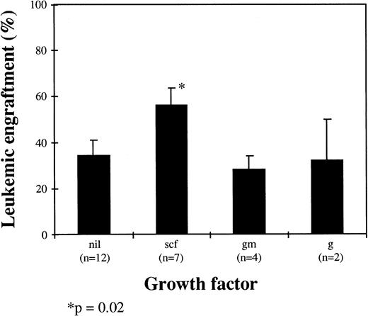 Fig. 5. Influence of HGF on leukemic engraftment. Results are the mean ± SEM of bcr-abl+ cells by FISH as a proportion of total human cells (scf, stem cell factor; gm, GM-CSF; g, G-CSF; nil, no growth factor).