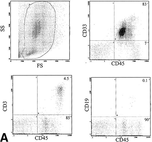 Fig. 6. (A) Immunophenotype of BM specimen at day 42 showing high engraftment of predominantly myeloid cells with lower levels of CD3 and CD19 cells. (B) Immunophenotype of spleen cells from the same mouse showing virtually exclusive T-cell engraftment.