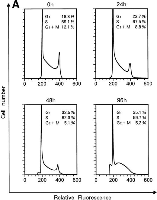 Fig. 5. Flow-cytometric analysis of KT-1 cells for analysis of cell-cycle distribution. KT-1 cells were cultured with (A) IFN-α (1,000 U/mL) or (B) IFN-γ (1,000 U/mL) for indicated times. Results are comparable in 3 experiments.