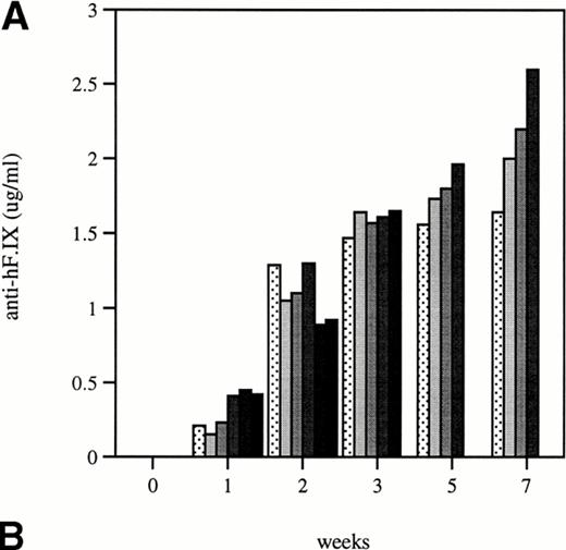 Fig. 4. Total and neutralizing antibodies to human F.IX in hemophilic CD-1 mice. Plasma samples were evaluated by (A) ELISA, (B) Western blot, and (C) Bethesda assay at indicated time points. (A) Plates were coated with purified plasma–derived hF.IX, plasma samples from treated mice were applied, and rabbit anti-mouse IgG conjugated with horseradish peroxidase served as a detection antibody. Each result represents duplicate measurements from a single animal. (B) Lanes 1 through 6 represent an immunoblot time course on a single animal, weeks 0, 1, 2, 3, 5, and 7, respectively, after Ad-F.IX injection. Lanes 7 through 9 represent three additional CD-1 hemophilic mice at week 2 postinjection. (C) The presence of antibodies that interfere with coagulation was assessed by the Bethesda assay and reported as Bethesda units. A time course in four representative animals is shown. (▧), 1; (▧), 2; (▩), 3; (▩), 4; (▩), 5; (▪), 6.