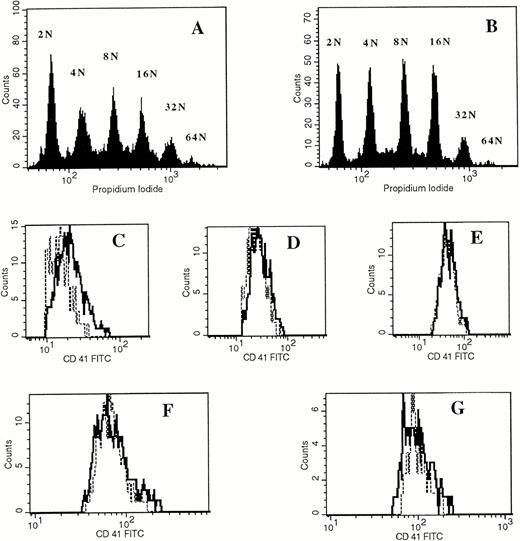 Fig. 7. Comparison of ploidy distribution of MKs and the expression of CD41b in different ploidy classes in the MKs obtained in the presence of PEG-rHuMGDF or the combination of IL-3, SCF, and IL-6 from CD34+ CD41+ cells. Marrow CD34+ CD41+ cells were grown from 6 days in serum-free conditions, in the presence of PEG-rHuMGDF (10 ng/mL) or IL-3 (100 U/mL) plus SCF (50 ng/mL) plus IL-6 (100 U/mL). Ploidy of the CD41+ cells obtained in the presence of PEG-rHuMGDF (A) and IL-3 plus SCF plus IL-6 (B). Comparison of the expression of CD41b in MK cultivated in the presence of PEG-rHuMGDF (solid line) and the combination of IL-3, SCF and IL-6 (broken lines) in the 2N (C), 4N (D), 8N (E), 16N (F), and 32N MKs (G). MKs were considered as CD41b+ cells and analysis was performed in each ploidy class.