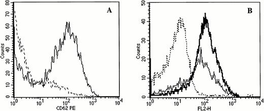 Fig. 11. Expression of CD62 on the surface of platelets produced in vitro from CD34+ cells (A) or CD34+CD41+ (B). MKs were cultured either from CD34+ in the presence of PEG-rHuMGDF (A) or CD34+ CD41+ in the presence of PEG-rHuMGDF or the combination of IL-3, SCF, and IL-6 (B). At day 13 or 7 for cultures deriving from CD34+ or CD34+CD41+, respectively, cells were stimulated for 10 minutes at 37°C with 2 U/mL thrombin. Activated and nonactivated platelets were incubated with phycoerythrin (PE) anti-CD62 and FITC-TAB and analyzed relative to PE-conjugated IgG1MoAb control by flow cytometry in a morphological gate corresponding to blood platelets. (A) Serum-free cultures in the presence of PEG-rHuMGDF (10 ng/mL) from CD34+ cells. Expression of CD62 (solid line) in thrombin-activated platelets in comparison with nonactivated platelets (broken line). (B) Serum-free cultures in the presence of PEG-rHuMGDF (10 ng/mL) or rHuSCF (50 ng/mL), rHuIL-6 (100 U/mL), and rHuIL-3 (100 U/mL) from CD34+ CD41+ cells. Expression of CD62 in thrombin-activated platelets from PEG-rHuMGDF (thick solid line) or SCF, IL-3, and IL-6 (thin solid line). Isotype control is shown (broken line).