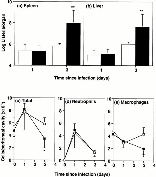 Fig. 1. Bacterial numbers and inflammatory responses in GM-CSF−/− mice. GM-CSF knockout mice (▪) or wild-type mice (□) were infected intraperitoneally with 2 × 105Listeria for 1 or 3 days. Bacterial load and peritoneal cells were quantitated. Data represent mean and standard deviation of groups of five mice. *P < .05 and **P < .01 compared with wild-type mice. Results were from one of three similar experiments. (a) Bacterial counts in spleen. (b) Bacterial counts in liver. (c) Total cells recovered per peritoneal cavity. (d) Neutrophils per peritoneal cavity. (e) Macrophages and monocytes per peritoneal cavity.