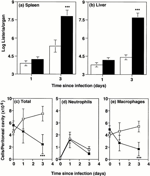 Fig. 3. Bacterial numbers and inflammatory responses in G-CSF−/− mice. G-CSF knockout mice (▪) or wild-type mice (□) were infected intraperitoneally with 2 × 104Listeria for 1 or 3 days. Bacterial load and peritoneal cells were quantitated. Data represent mean and standard deviation of groups of five mice. ***P < .001 compared with wild-type mice. Results were from one of three similar experiments. (a) Bacterial counts in spleen. (b) Bacterial counts in liver. (c) Total cells recovered per peritoneal cavity. (d) Neutrophils per peritoneal cavity. (e) Macrophages and monocytes per peritoneal cavity.