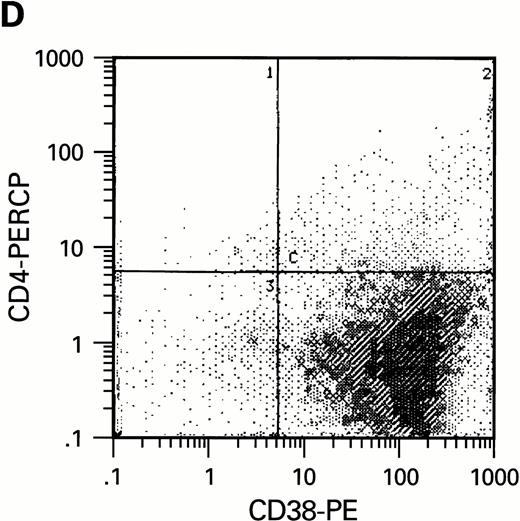 Fig. 2. Flow cytometric analysis of CD34+, CD34+CD38+, and CD34+CD38− cell subsets used to initiate BMLTC. (A) Scatter diagram of CD34+ selected cells stained with FITC-labeled CD34 MoAb and PE-labeled CD38 MoAb, in which Log PE fluorescence intensity was displayed versus Log FITC fluorescence intensity. (B) CD34+ cells were gated and sorted. (C) A scatter diagram of gated CD34+ cells sorted for absence of the CD38 activation marker (most-primitive BM stem cells). (D) The log PE fluorescence intensity (CD38) of an affinity column purified CD34+ cell population was displayed versus Log PerCP-fluorescence intensity (CD4). Results of one representative experiment illustrated.