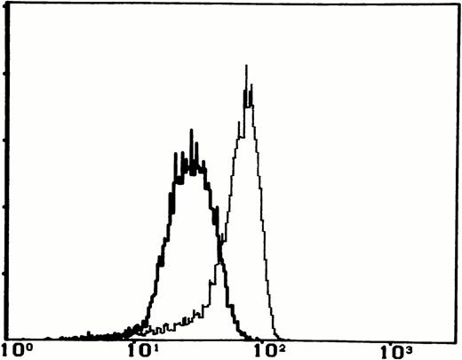Fig. 5. The expression of bcl-2 on PBMC from the patient (continuous lines) and one representative healthy control (dashed lines) after 48 hours of unstimulated culture.