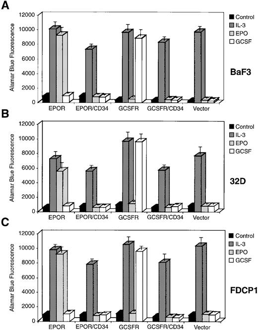 Fig. 6. Proliferation of the BaF3, 32D, and FDCP1 cell transfectants in response to IL-3, EPO, or G-CSF. The individual cell clones as indicated were incubated in the absence of any growth factor (strongly shaded box), as a negative control, or in the presence of IL-3 (medianly shaded box) or EPO (lightly shaded box) or G-CSF (unshaded box) for 36 to 48 hours. Proliferation was measured by reduction of Alamar Blue, with quantitation of fluorescence by excitation at 530 nm and emission at 590 nm. Error bars indicate the mean and standard deviation for triplicate assay values.