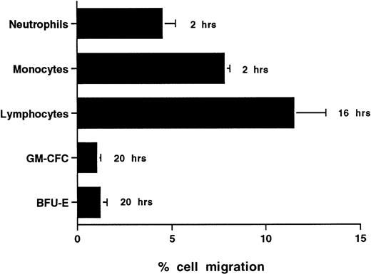 Fig. 2. Transmigration of mature leukocytes and CFCs in freshly isolated peripheral blood CD34+-selected cells across HUVECs. The times shown indicate the duration of the assay for each cell type. Data are mean ± SEM of six experiments with neutrophils, four with monocytes, six with lymphocytes, and nine with CD34+-selected cells.