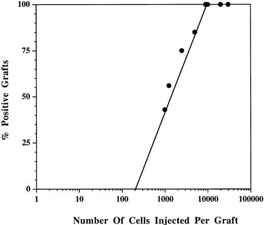 Fig. 4. Titration of BM CD34+Thy-1+Lin− cells in the SCID-hu bone model. Bone grafts were injected with a range of doses of CD34+Thy-1+ Lin− cells (1,000 to 30,000) per graft. Data are the mean of four separate experiments from 4 different BM donors. Donor reconstitution means that greater than 1% of hematopoietic cells were positive for donor HLA antigen.