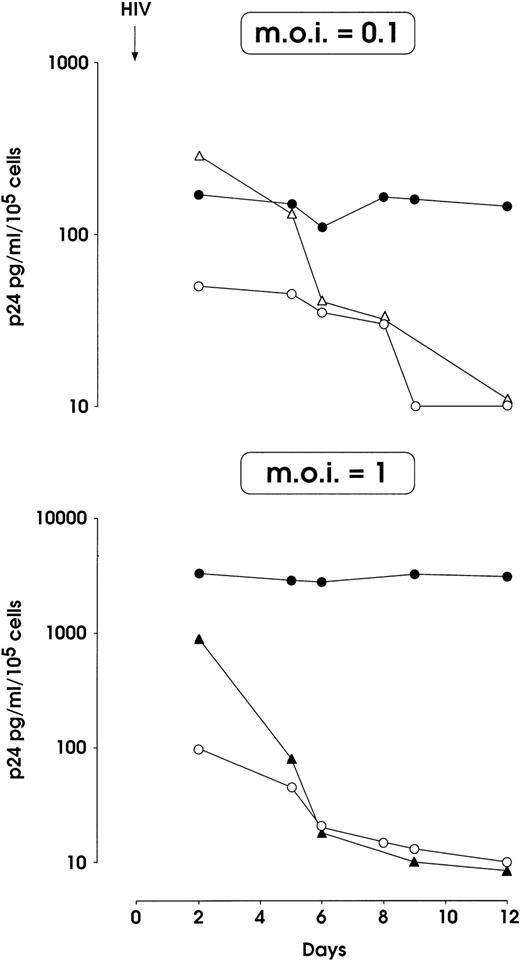 Fig. 2. HIV-1 infection of MK-committed HPCs (results from a representative experiment). Cells were infected at day 0 with NL4-3 (m.o.i. 0.1 and 1, top and bottom panels, respectively) or m.o.i. 0.1 of BaL-1 strain (top panel) and p24 release was assayed in culture supernatants at different times. MK and UT-7 cells treated with heat-inactivated and infectious NL4-3 respectively, were used as negative controls. (•) MK and NL4-3; (○) UT-7 and NL4-3; (▴) MK-inactivated NL4-3; (▵) MK BaL-1.