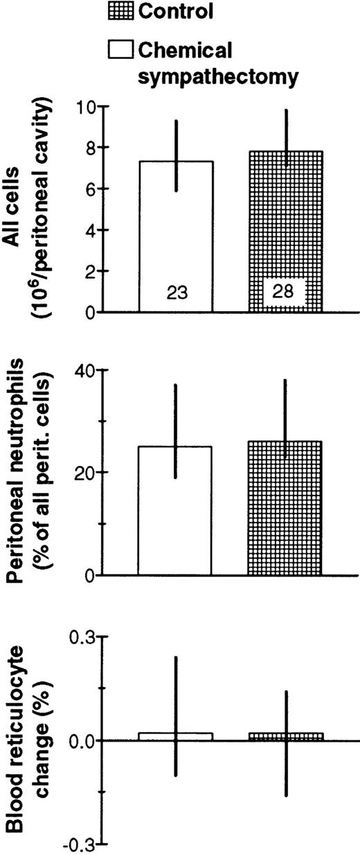 Fig. 5. No significant effects on peritoneal and blood cell populations of Bacto-Tryptone IP and slight (0.2 to 0.3 mL) bleeding. Blood reticulocyte change refers to reticulocyte percentages in venous blood 2 hours after and just before the IP Bacto-Tryptone injection. Median values with their 95% confidence intervals and the number of mice examined (top columns) are given.