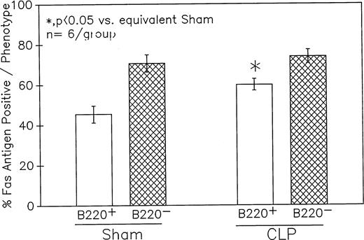 Fig. 10. Phenotypic assessment of the percentage Fas+ cells indicates that marked augmentation of Fas antigen expression present in the Peyer's patch cells from C3H/HeN mice is confined primarily to the CLP mouse B220+ (B lymphocytes) subpopulation but not the B220−. This occurred despite the lack of significant change in the Fas antigen mean channel fluorescence of B220+ cells. Significance indicated by * at P < .05 versus sham, Mann-Whitney Utest; mean ± SEM; n = 6 mice sampled/group. Although not shown, Peyer's patch cells stained with antibody to CD4 (Thelper-cell) showed no marked change in the percentage of Fas+ cells or their mean channel fluorescence.