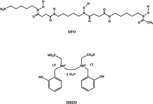 Fig. 1. Structures of the iron chelators chosen for evaluation: deferoxamine B (DFO) andN,N′-bis(2-hydroxybenzyl)ethylenediamine-N,N′-diacetic acid dihydrochloride dihydrate (HBED).