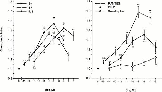 Fig. 1. Migration of eosinophils into nitrocellulose micropore filters (5-μm pore size) toward various concentrations of soluble chemoattractants. Various concentrations of SN (0.1 pmol/L to 10 μmol/L), SP (0.01 pmol/L to 1 μmol/L), IL-8 (1 fmol/L to 0.1 μmol/L) (left panel), RANTES (1 fmol/L to 0.1 μmol/L), fMLP (0.01 pmol/L to 1 μmol/L), or β-endorphin (0.01 pmol/L to 1 μmol/L) (right panel) were placed in the lower wells of a modified Boyden chamber. RPMI 1640/0.5% BSA served as control to determine random migration. Thereafter 50 μL of human eosinophils at 1 × 106 cells/mL were added to the upper wells and were allowed to migrate for 60 minutes at 37°C (humidified atmosphere; 5% CO2). After fixing and staining of the filters migration depth was quantified microscopically. Data are expressed as mean ± SEM of the “Chemotaxis Index,” which is the ratio between the distance cells migrate toward test substances and that toward control medium. n = 6. Statistical analyses: Mann-Whitney U-test after Kruskal Wallis analysis of variance (P < .01); n.s., not significant; *, P < .05; **, P < .01.