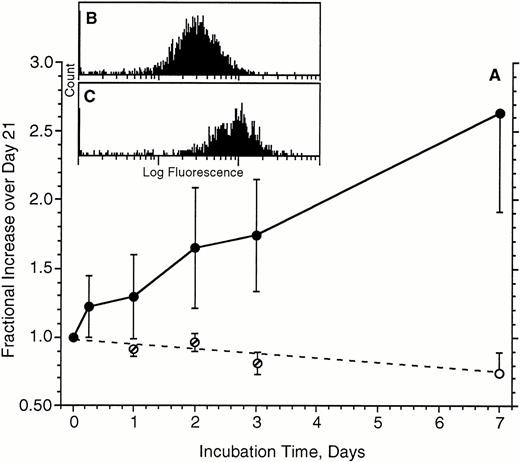 Fig. 4. Upregulation of FcRIα expression on basophils during a 7-day culture in the absence (○) or presence (•) of 500 ng/mL of IgE (n = 5). Cells used for these experiments had already been cultured for 21 days to downregulate FcRIα. Average starting level of expression was 37 ± 13, which translates to approximately 45,000 FcRIα per basophil (see Materials and Methods). Data are expressed as the increase relative to the day 21 levels of expression (the start of the upregulation phase of the cultures). For cells cultured in the absence of IgE, measurements were made on days 1, 2, and 3 for only three of five experiments (∅); day seven measurements were made for all five experiments. (B and C) Representative flow-cytometric profiles for 1 of the experiments; (B) starting distribution (mean fluorescence, 27), (C) distribution (mean, 86) after 7 days of culture with IgE.