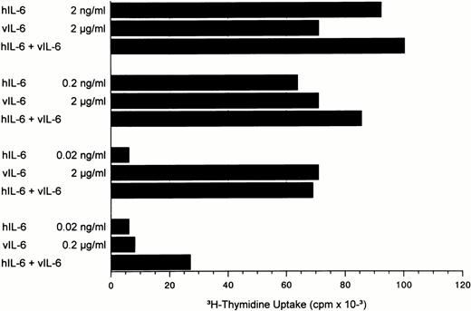 Fig. 4. Effects of human and viral IL-6 alone and in different combinations on the proliferation of human INA-6 cells. IL-6 concentrations in the combination were the same as indicated for each hIL-6 and vIL-6 alone.