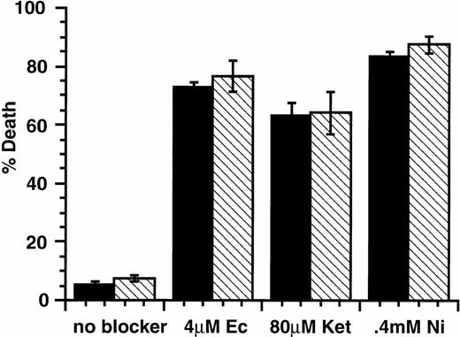 Fig. 3. Effect of SLF or IL-3 with Ca2+ influx blockers on P815 mastocytoma cells. P815 cells were incubated with either SLF (500 ng/mL; ▪) or IL-3 (25% WEHI-3 conditioned medium; □) with Ca2+ channel blockers econazole, ketotifen, or Ni2+. In all cases, the proportion of dead cells was determined after 18 hours in culture by counting cells that could or could not exclude Trypan blue. Error bars represent the standard error determined from triplicate measurements.