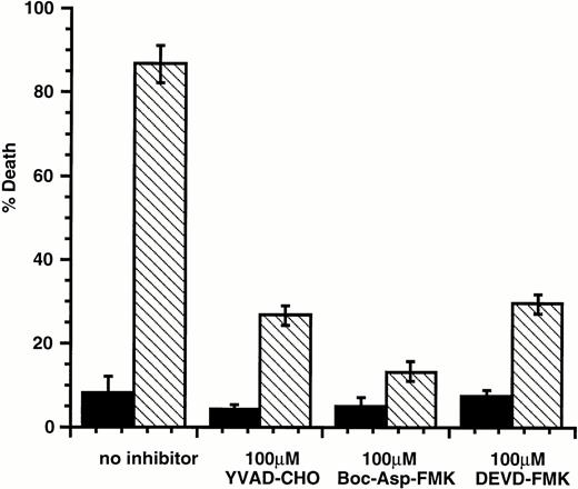 Fig. 8. YVAD-CHO, DEVD-FMK, and Boc-Asp-FMK protect 32D-Kit cells from SLF plus econazole. 32D-Kit cells were incubated with either SLF (▪) or SLF plus 10 μmol/L econazole (□). The proportion of dead cells was evaluated by Trypan Blue exclusion after 18 hours in culture.