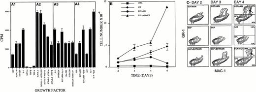 Fig. 2. Eotaxin induced the proliferation and differentiation of Lin− hematopoietic progenitors into granulocytes and macrophages. Thymidine incorporation (see the Materials and Methods; measured in counts per minute per well) induced by Eotaxin (A1), Eotaxin plus SCF and IL-3 (A2), Eotaxin plus IL-3 or GM-CSF (A3), and Eotaxin plus SCF (A4) is shown in (A). Proliferation of Lin− cells (5 × 103) stimulated with SCF, Eotaxin, or the combination of the two is shown in (B). The expression of the granulocyte and macrophage cell surface differentiation markers GR-1 and MAC-1 is shown in (C). Granulocytes that were double-stained for GR-1 and MAC-1 are marked by an arrow. The percentage of cells either not expressing MAC-1 and GR-1 or expressing MAC-1 or MAC-1 and GR-1 is shown at day 4 (C). Three different experiments were performed; the results shown are of one representative experiment. Each point is the mean of three to six determinations ± SD.