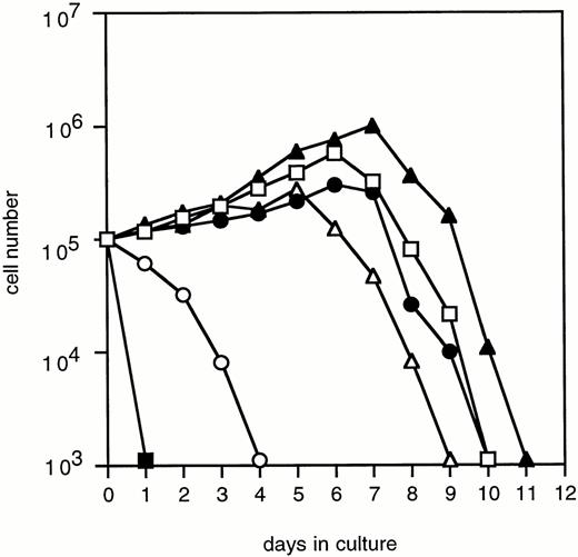 Fig. 2. Proliferation of 32D.C10 transfectants in response to G-CSF. The numbers of viable cells were determined on the basis of trypan blue exclusion at the indicated times. (□) WT; (•) Y704F; (▵) Y729F; (▴) Y744F; (○) Y764F; (▪) LNCX.