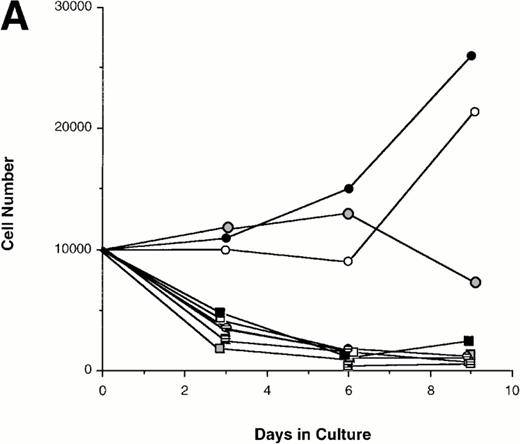 Fig. 7. Effect of various cytokines on the survival and proliferation of FACS sorted CD34+lin−Flt3high versus CD34+lin−Flt3low cells in liquid suspension culture. Ten thousand Flt3high or Flt3low cells were cultured in RPMI containing 10% FBS and the designated cytokines, as described in Materials and Methods. Cells were counted by trypan blue exclusion. (A) and (B) time course of proliferation. Numbers shown are mean values of three independent experiments. The combination of FL plus five growth factors is shown separately in (B), because it would be off-scale in (A). (C) Fold expansion of sorted cells after 9 days in suspension culture in the same three experiments. The bars show cell expansion as the mean number of live cells per input cell. (A) (▤) Flt3 low; (▩) Flt3 low + FL; (□) Flt3 low + FL + KL; (▪) Flt3 low FL + KL + IL-3; (⦵) Flt3 high; (◍) Flt3 high FL; (○) Flt3 high FL + KL; (•) Flt3 high FL + KL + IL-3. (B) (□) Flt3 low; (○) Flt3 high. (C) (▨) FL + KL, IL-3 + GM-CSF + Epo; (▩) FL + KL + IL-3; (▨) FL + KL; (▧) FL; (▪) medium only. Error bars indicate the standard errors.