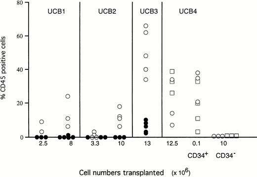 Fig. 2. Engraftment levels of 4 different UCB samples in SCID and SCID/NOD mice. The percentages CD45+ cells are shown for individual SCID mice preconditioned with TBI and Cl2MDP (○), SCID mice preconditioned by TBI alone (•), and NOD/SCID mice preconditioned by TBI alone (□).