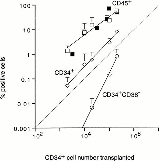 Fig. 6. Relationship between the number of CD34+cells transplanted and percentage of human CD45+ (□), CD34+ (◊), and immature CD34+CD38− (○) cells detected in SCID mouse BM after 5 weeks. Results show the mean ± SD for 3 mice per data point. For comparison, the numbers of CD45+ cells detected in BM of mice transplanted with graded numbers of unfractionated cells are also shown (▪).