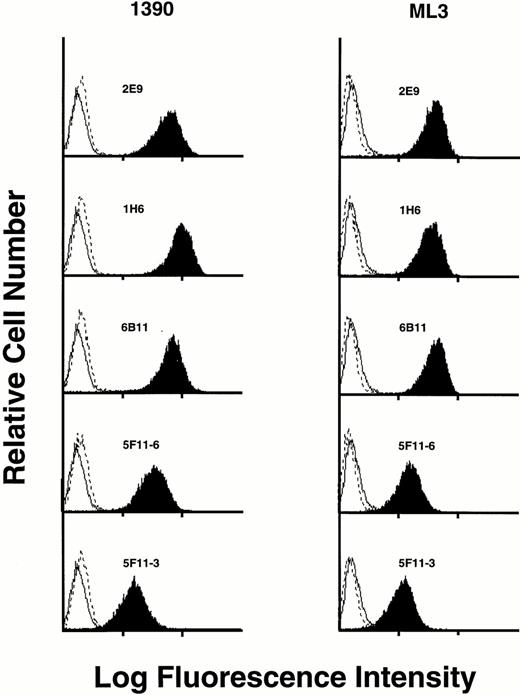 Fig. 2. Staining of CD34+ cell lines 1390 and ML3 with various MoAbs (dark plots). In each case, staining is blocked by preincubation of MoAb with CD34-Ig (dashed line). Staining of an isotype-matched negative control is shown on each histogram as a solid line.