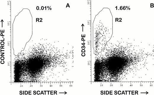 Fig. 4. Flow cytometry analysis of canine BM using MoAb 1H6. Hemolyzed whole BM was stained as described in the Materials and Methods. Cells were incubated with propidium iodide before analysis and cells displayed have been electronically isolated from a gate that excludes debri and cells that retained propidium iodide. Staining of control antibody 31A is shown in (A). In (B), staining with the MoAb 2E9 indicates that 1.66% of BM cells are CD34+. Analysis using other projections indicated that CD34+ cells are small to large in size and have low to low-intermediate side scattering properties.