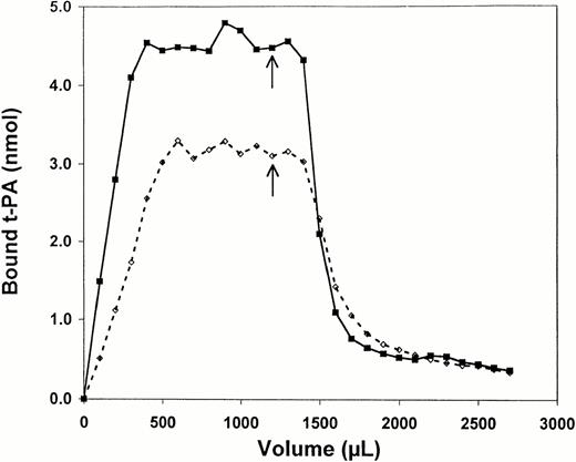 Fig. 2. Binding of t-PA to non-crosslinked fibrin during perfusion. Radiolabeled, active-site blocked t-PA was perfused at a constant rate of 15 μL/min through a column of non-crosslinked fibrin. Aliquots of 100 μL were collected to calculate binding. At the arrow, a 1,000-fold molar excess of unlabeled t-PA was added to the perfusate. Results are shown for binding without ultrasound (dotted line) and in the presence of 1 MHz ultrasound at 2 W/cm2and 50% duty cycle.