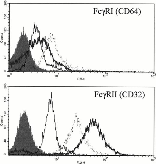 Fig. 7. Expression of FcγRI and FcγRII PMNs after exposure to rhG-CSF. Flow cytometric histograms of freshly isolated PMNs from a normal donor (—), PMNs from the same normal donor after treatment with 10 ng/mL rhG-CSF for 24 hours in vitro (···), or PMNs from a patient treated with rhG-CSF in vivo (bold line). Isotype control staining is depicted by the solid histogram. Results are representative examples of four independent experiments.