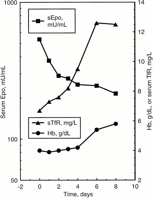 Fig. 6. Time course of Hb level, sEpo, and sTfR in a patient with megaloblastic anemia due to vitamin B12 deficiency treated with vitamin B12 (IM as cyanocobalamin, 500 μg per day). A marked decrease in serum Epo was seen after the first injection and before any increase in Hb level. There was a parallel increase in serum transferrin receptor, indicating a rapid expansion of the erythroid marrow during the first days of treatment.