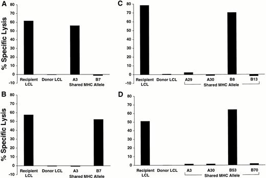 Fig. 2. Identification of class I MHC-restricting elements for four representative CD8+ minor H antigen-specific CTL clones. Each CTL clone was assayed for lytic activity against a panel of EBV-LCL target cells derived from unrelated individuals each of whom shared only one class I MHC allele with the donor/recipient pair from whom the clone was derived. Lytic activity at an E:T ratio of 20:1 against recipient-derived LCL, donor-derived LCL, and LCL derived from unrelated individuals who shared the indicated HLA-A or HLA-B allele with the recipient and the donor is plotted for (A) HLA-A3–restricted clone DRN-7, (B) HLA-B7–restricted clone DRN-11, (C) HLA-B8–restricted clone MRR-2, and (D) HLA-B53–restricted clone DJG-24.
