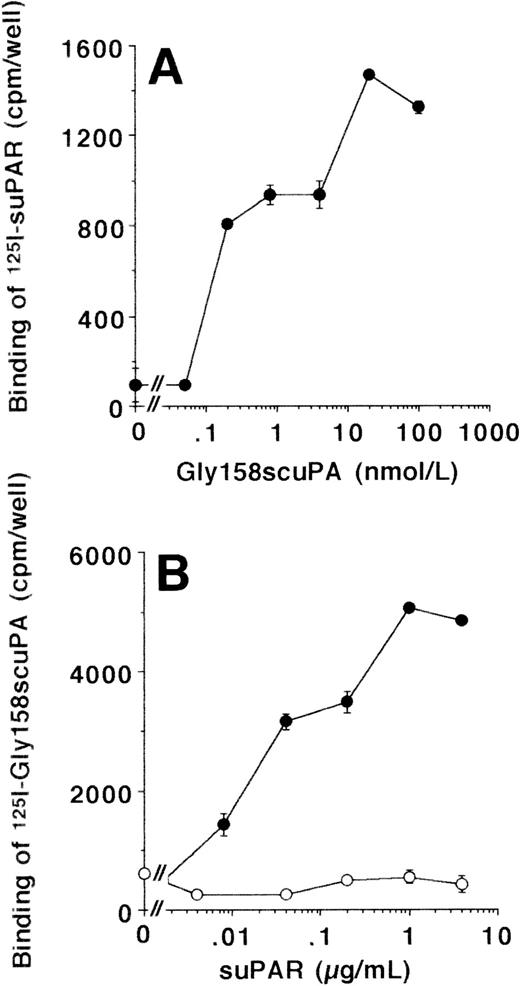 Fig. 4. Binding of uPA/suPAR-complex to LM-TK−cells. (A) The binding of 125I-suPAR to LM-TK− cells was tested in the absence or presence of increasing concentrations of unlabeled Gly158scuPA as indicated. No specific binding of 125I-suPAR alone was observed. (B) The binding of 125I-Gly158scuPA to LM-TK− cells was tested in the absence or presence of increasing concentrations of unlabeled suPAR (•) or the truncated, domain 1-lacking suPAR (○) as indicated. Data represent mean ± SEM (cpm/well) of triplicate wells. Similar results were observed in five separate experiments.