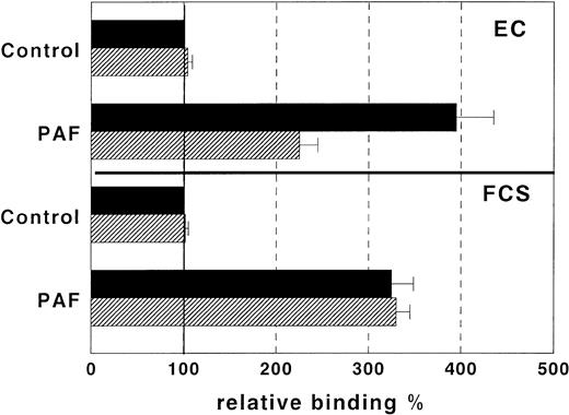 Fig. 3. In vitro adhesion assays between peripheral blood PMN cells and EC or FCS-coated plastic wells. EC and FCS-coated plastic wells were treated (▨) or not (▪) with GAS6 (1 μg/mL) for 10 minutes and fluorescein-labeled PMN were then seeded on the wells in the presence and absence of PAF (10−7mol/L). Cell adhesion was assessed after an additional 10 minutes. Relative adhesion shows that PAF strikingly increased PMN adhesion to EC and FCS-coated wells. However, GAS6 significantly inhibited the PAF-driven PMN adhesion to EC, but not that to FCS-coated wells. Moreover, GAS6 did not affect PMN adhesion in the absence of PAF. Results are expressed as relative adhesion (%) and represent the mean ± SD from five experiments. Asterisks mark values that are significantly different from the respective control (P < .05) and 100% relative adhesion (bold horizontal line) corresponds to an absolute adhesion of 16 ± 4 (EC) and 11 ± 2 (FCS-coated wells) cells/microscope field.