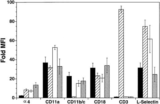 Fig. 2. Rat α4 expression as compared with the β2 integrins, CD3, and L-selectin. Indirect immunofluorescence and flow cytometric analysis of the surface expression of α4 (TA-2), CD11a, CD11b/c, CD18, CD3, and L-selectin on rat neutrophils (PMN, ▪), lymphocytes (LYMPH, ▨), monocytes (MONO, □), and eosinophils (EOS, ▧). Data are presented as in Fig 1 (n = 5).
