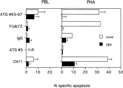 Fig. 2. ATGs induce apoptosis of activated T lymphocytes. PBL were cultured in presence of medium alone or PHA (5 μg/mL) for 3 days. Dead cells were removed and viable cells were treated for 20 hours with ATG no. 95-07, F(ab)′2 fragments of ATG no. 95-07, ATG no. 5 or normal rabbit IgG at 10 μg/mL or with the agonist anti-Fas MoAb CH11 at 1 μg/mL. Protection by the antagonist anti-Fas MoAb, was tested by pre-incubating PBL or PHA-activated cells for 1 hour with ZB4 MoAb at 2 μg/mL. The percentage of apoptotic cells was determined by fluorescent microscopy after staining with Hoechst 33342. Results are expressed as mean ± SEM of five different experiments or as mean of two experiments for ATG no. 5.
