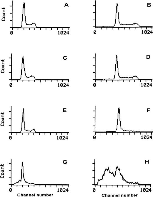Fig. 10. Specific action of c-kit neutralizing antibody in two lines. PDE02 (ES) (A,C,E,G) and 6647 (ES) (B,D,F,H) cultured in complete medium. Cytofluorimetric profile of the propidium iodide staining of DNA content in basal condition (A,B) with 0.4 μg/104 cells of Vβ-8 for 7 days (C,D), with 0.4 μg/104 cells of anti–c-kit neutralizing antibody for 72 hours (E,F) and for 7 days (G,H). The reduction of S phase and the increment of the apoptotic phenomenon appear at 72 hours (E,F) and is more evident after 7 days (G,H) (13% in PDE02 and 46% in 6647). These results were confirmed by TdT assay.