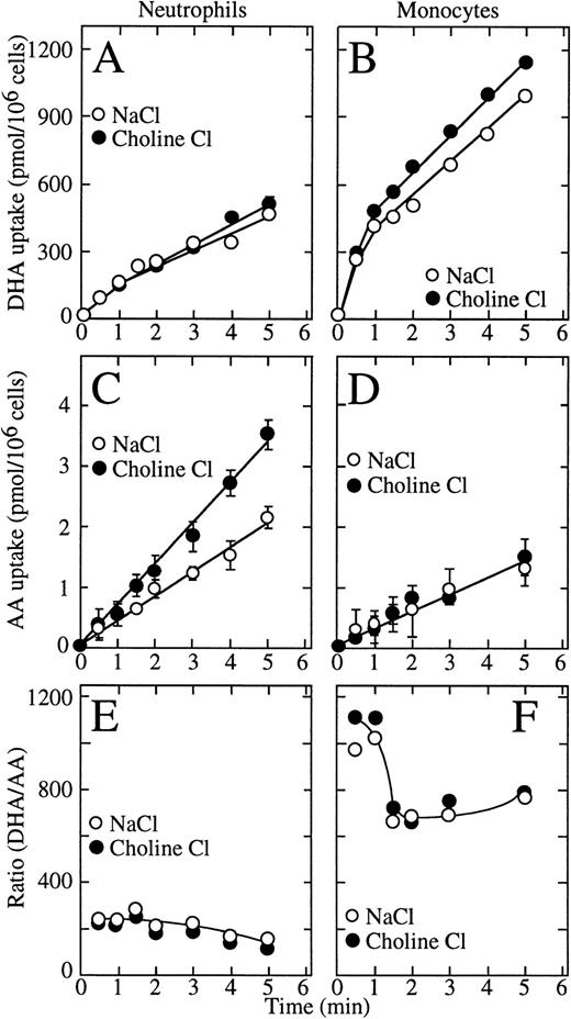 Fig. 1. Transport of dehydroascorbic acid by human neutrophils and monocytes. (A) Uptake of dehydroascorbic acid (DHA) by human neutrophils in the presence of NaCl (○) or choline chloride (•). (B) Uptake of dehydroascorbic acid by human monocytes in the presence of NaCl (○) or choline chloride (•). (C) Uptake of ascorbic acid (AA) by human neutrophils in the presence of NaCl (○) or choline chloride (•). (D) Uptake of ascorbic acid by human monocytes in the presence of NaCl (○) or choline chloride (•). (E) Ratio of the uptake of dehydroascorbic acid versus ascorbic acid by human neutrophils in the presence of NaCl (○) or choline chloride (•). (F) Ratio of the uptake of dehydroascorbic acid versus ascorbic acid by human monocytes in the presence of NaCl (○) or choline chloride (•). Data represent the mean ± SD of four samples and correspond to one of three similar experiments.