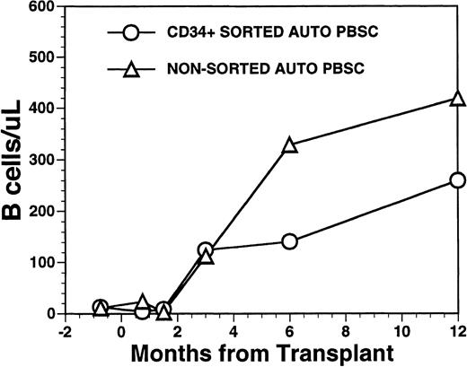 Fig. 4. Numbers of peripheral blood B cells in patients undergoing transplantation with autologous PBSC. Mean number of B cells per microliter (CD19+) in the peripheral blood of eight patients transplanted with FACS-sorted CD34+ HPC (○). Number of B cells per microliter in the blood of 11 patients receiving unmanipulated PBSC autografts (▵).