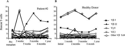 Fig. 7. Analysis of circulating Vβ TcR repertoire after transplantation with FACS-sorted autologous CD34+ HPC versus a healthy donor. (A) Percentage of CD3+ peripheral T cells that express a given Vβ TcR at 3 weeks, 5 weeks, 3 months, 6 months, and 1 year after transplantation for patient #2. (B) Percentage of CD3+ peripheral blood T cells that express the same Vβ TcRs over time in a healthy donor. The frequencies of Vγ9 and Vδ2 were identical and are shown using the same symbol.