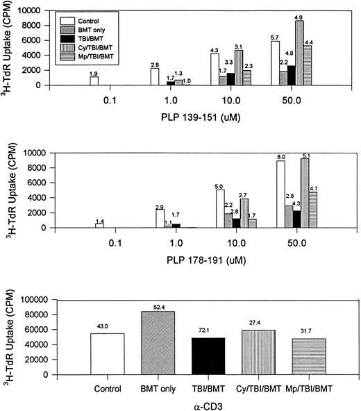 Fig. 2. BMT at peak of acute disease. Day 150 splenocyte proliferative response to increasing concentrations of disease-initiating (PLP 139-151) and relapse-associated (PLP 178-191) epitopes of PLP. The number above each bar is the stimulation index (ratio of CPM with antigen divided by CPM without antigen). Splenocytes from naive mice did not respond to PLP 139-151 or PLP 178-191. CPM, counts per minute; α-CD3, stimulation by the antibody to the T-cell receptor.
