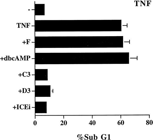 Fig. 6. Mixed effect of cAMP and C60 on TNF-α–induced apoptosis. L929 cells were treated with recombinant TNF-α (250 μg/mL) in the absence or presence of the indicated inhibitors for 18 hours. The sub-G1 DNA content was quantitated as described in Fig 1. The concentration of the inhibitors used were as follows: forskolin, 10 μmol/L; dbcAMP, 1.0 mmol/L; C60 (C3), 50 μmol/L; C60 (D3), 50 μmol/L; Z-VAD-FK (ICEi), 100 μmol/L.